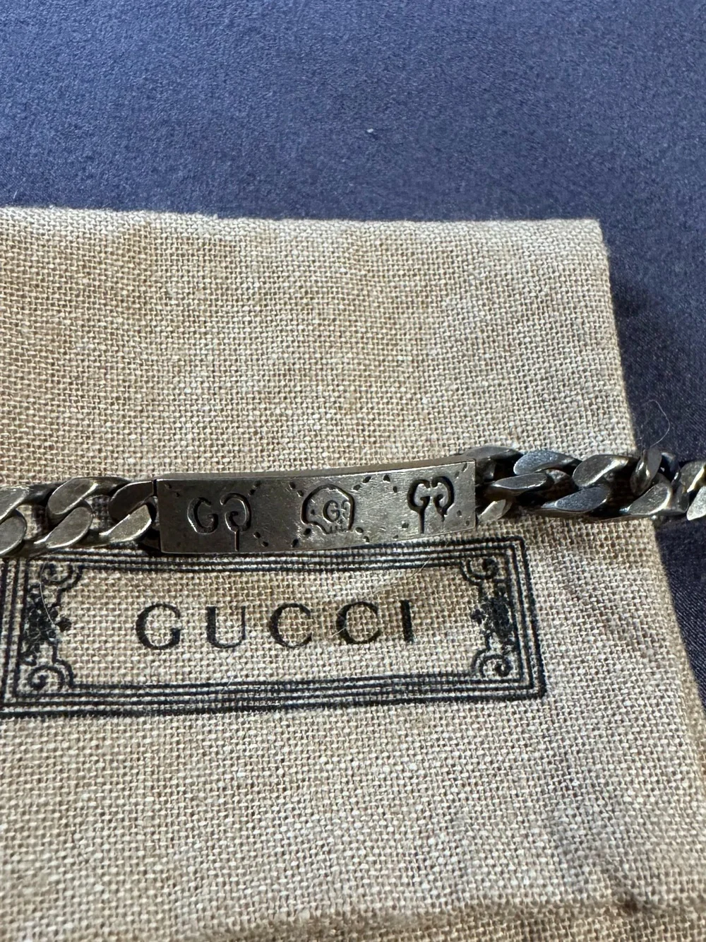 Gucci Silver-Tone Curb Chain ID Bracelet with Engraved GG Plate